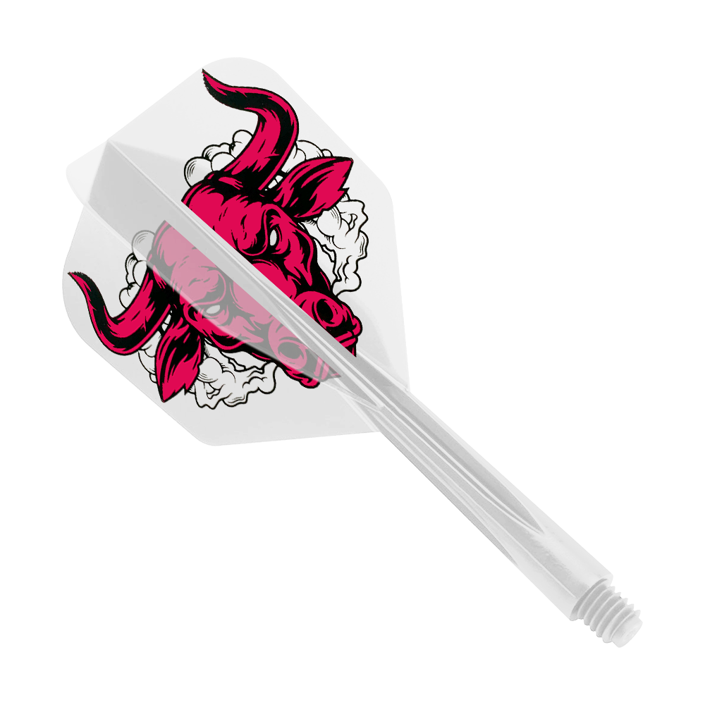 Das Bild zeigt einen klaren Dart-Flight mit einem roten Stierkopf-Design. Es handelt sich um das Produkt „Condor Axe Aussie Bull Clear Flight-System Small“.